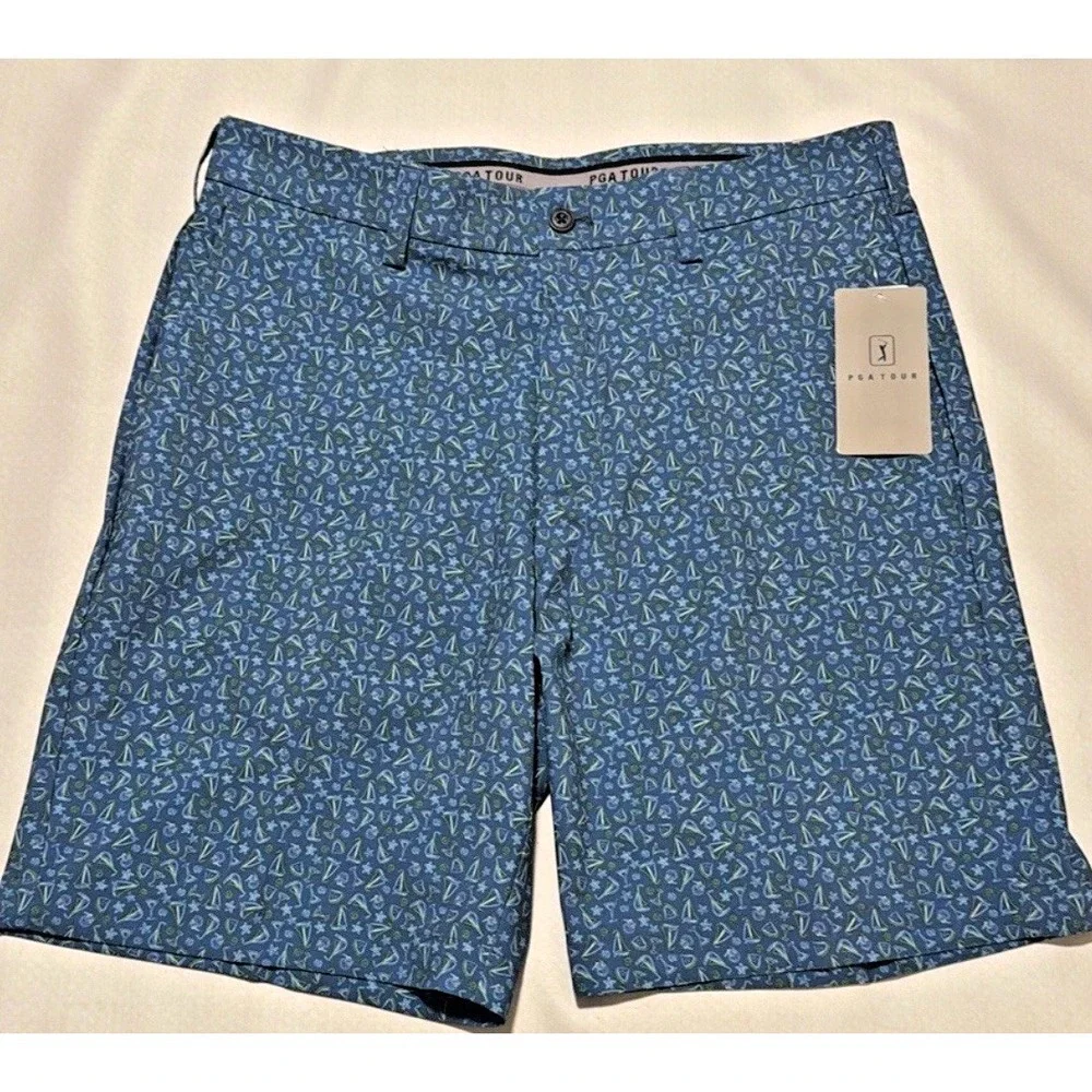 PGA Tour Men Sze 34 Golf Shorts Wicking Stretch Sailboat & Cocktails UPF 50 Navy